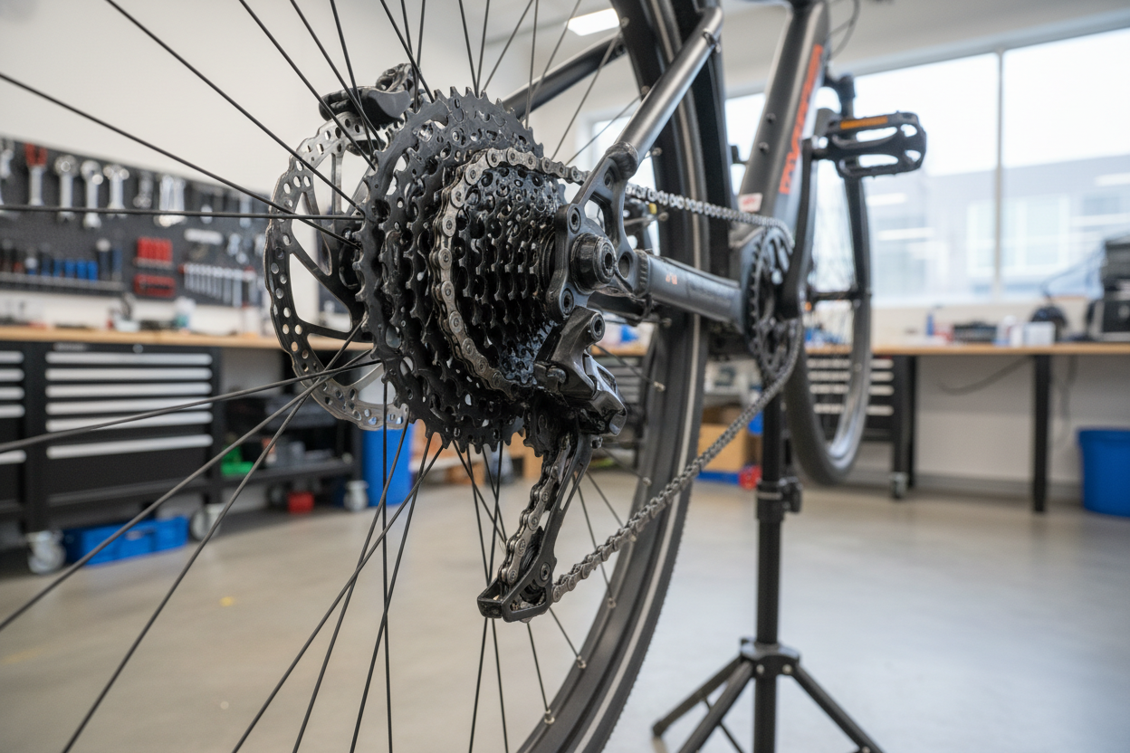 Bicycle service workshop close-up